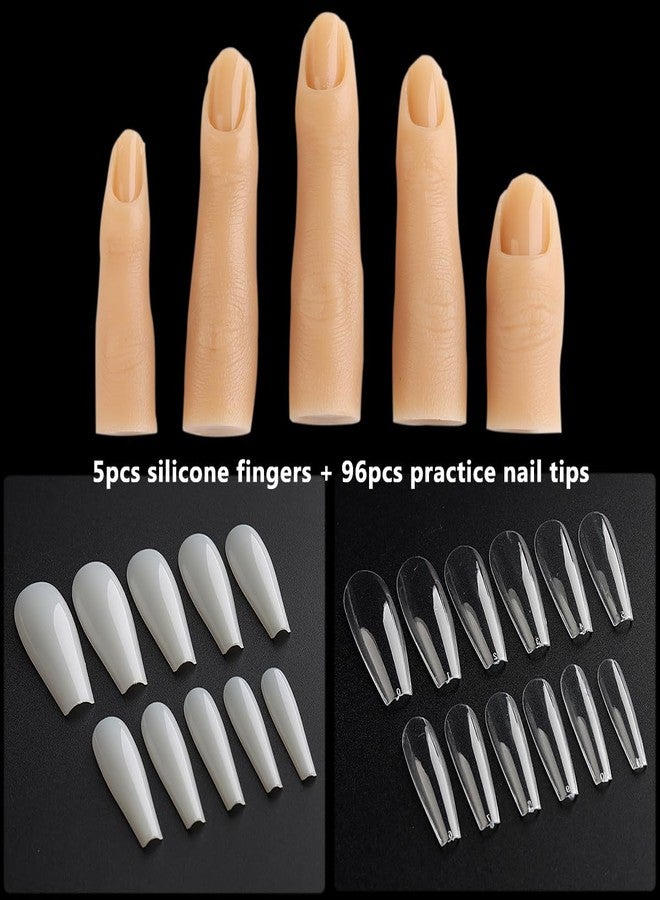 Fcozpjk Silicone Practice Fingers for Acrylic Nails, 5PCS Soft Fake Fingers for Nails With 96PCS False Nail Tips, Nail Training Mannequin Finger, Nail Practice Hand for Acrylic Nail Kit - Image 2